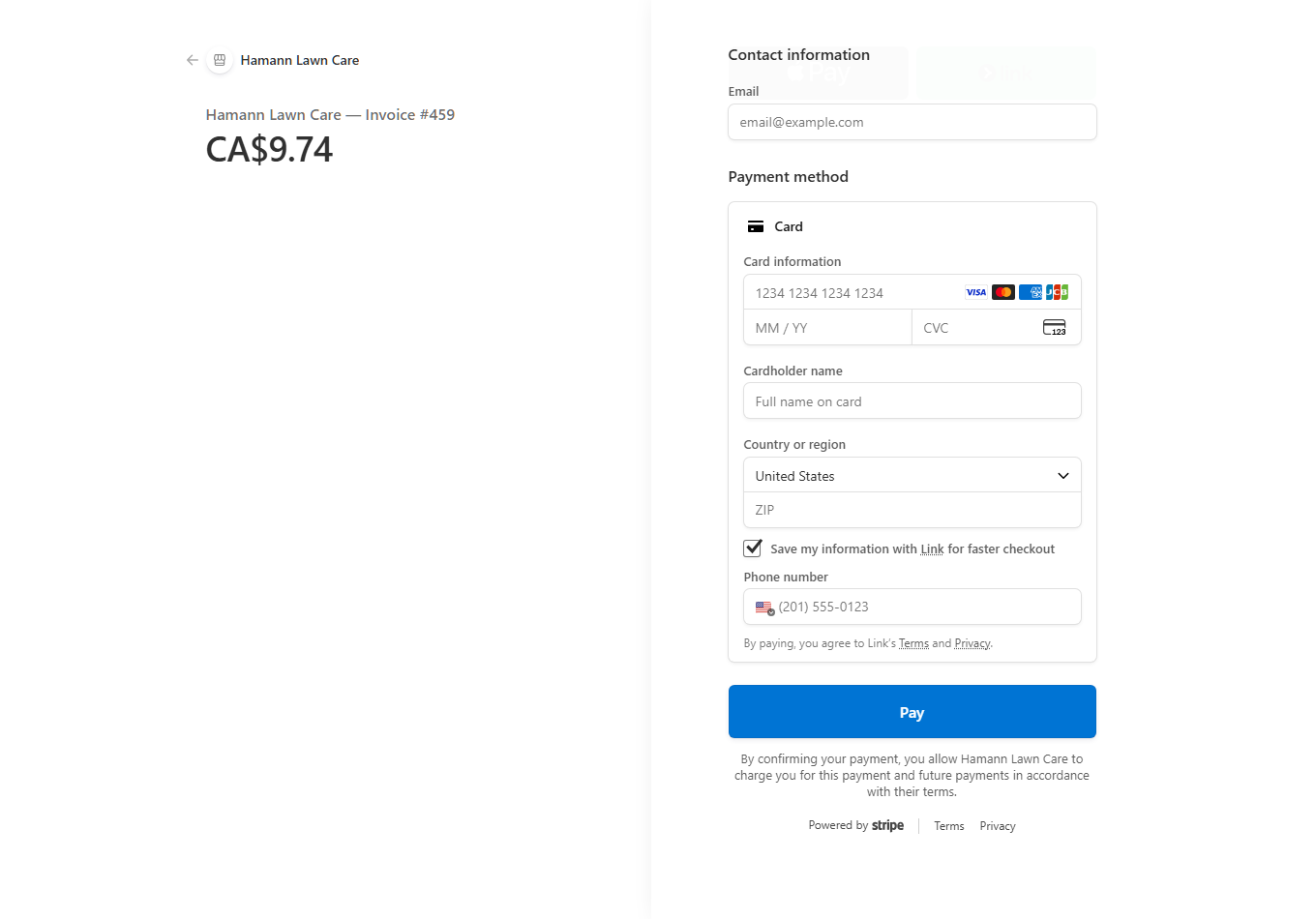 Stripe payment page from MowBossPro showing Hamann Lawn Care — Invoice #459 for CA$9.74, with card fields and a Pay button